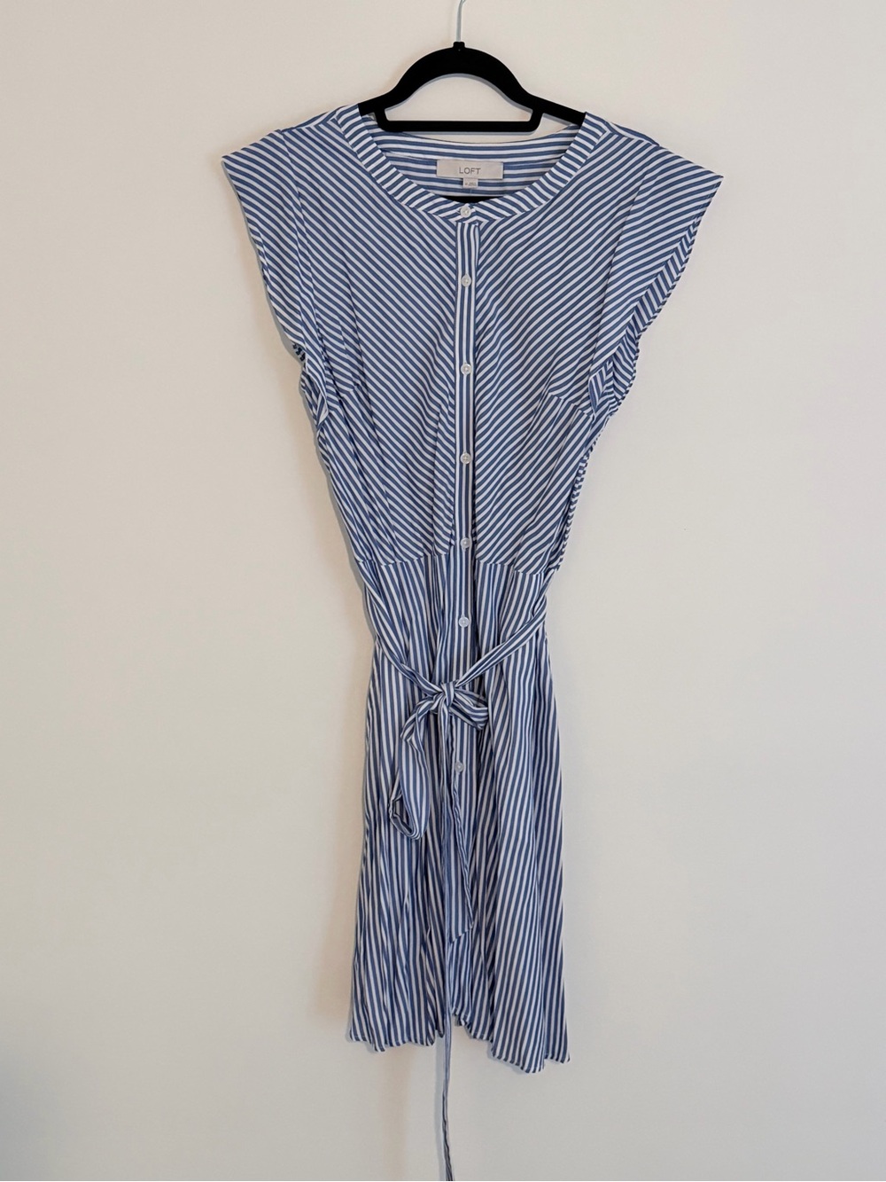 LOFT Blue & White Striped Button-Front Tie-Waist Dress